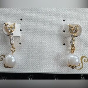 Carolee White Pearl and Gold Studded Chain  Earrings